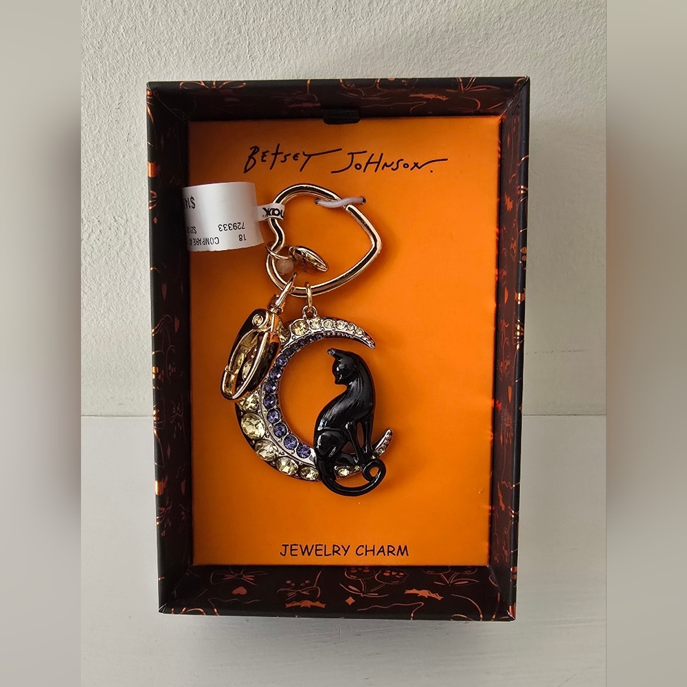 Betsey Johnson Black and Gold Cat Crescent Charm